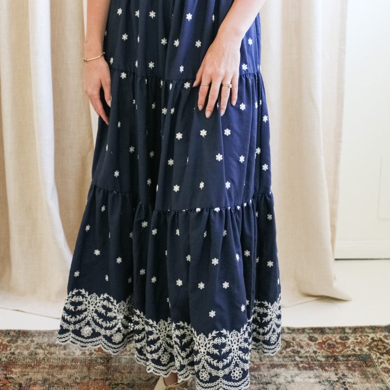 Navy Embroidered Midi Skirt