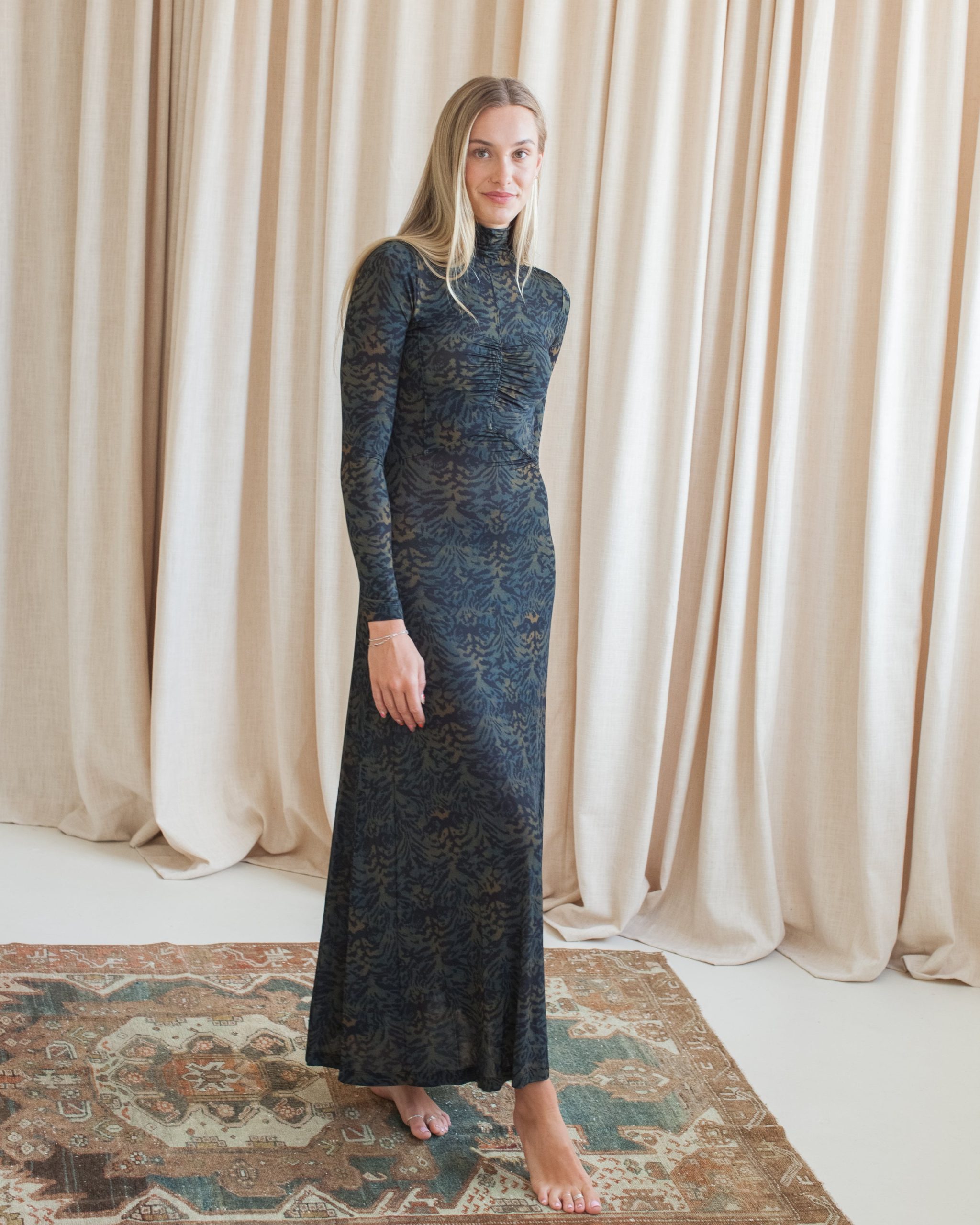 Ulla Johnson Koa Jersey Ruched Front Turtleneck Dress- Desert Jasper - Image 2